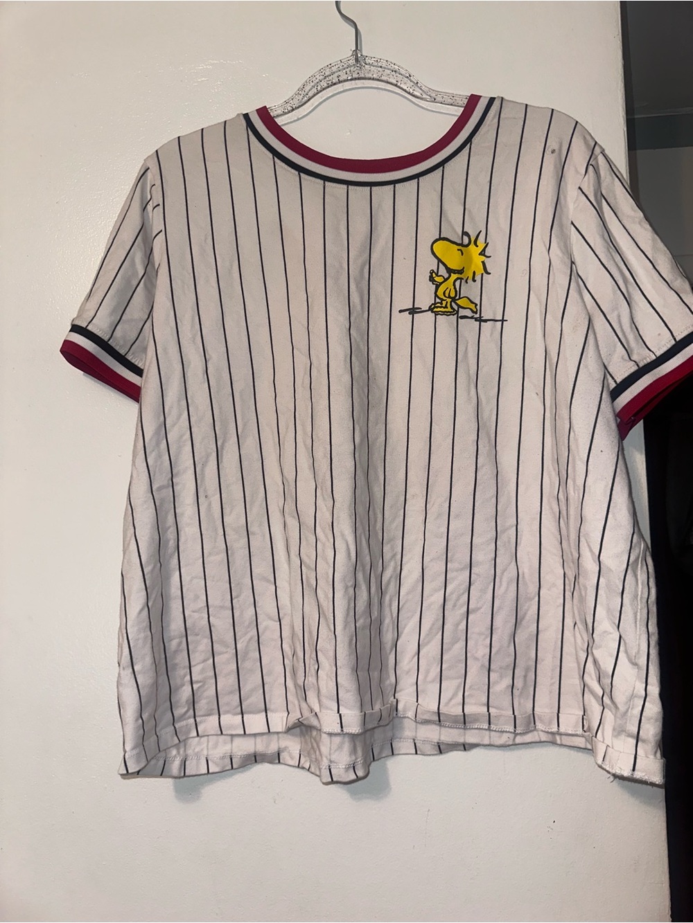 Peanuts White Pinstripe Tee with Yellow Woodstock Patch